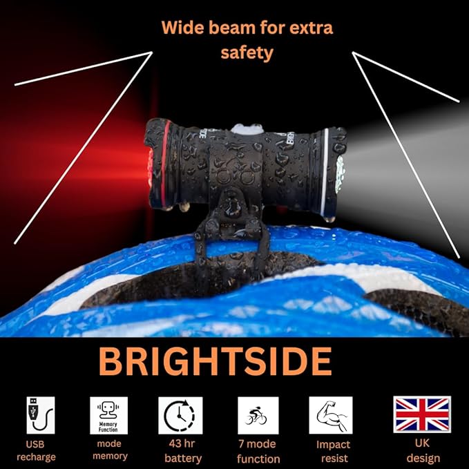 Brightside Bike Helmet Light. 360 Degree 3 in 1 Bright Safety Light for All Cyclists. Dual Front & Rear. 43 Hour Runtime. Easy Fitting to Most Helmets. 7 Modes, Waterproof & Rechargeable