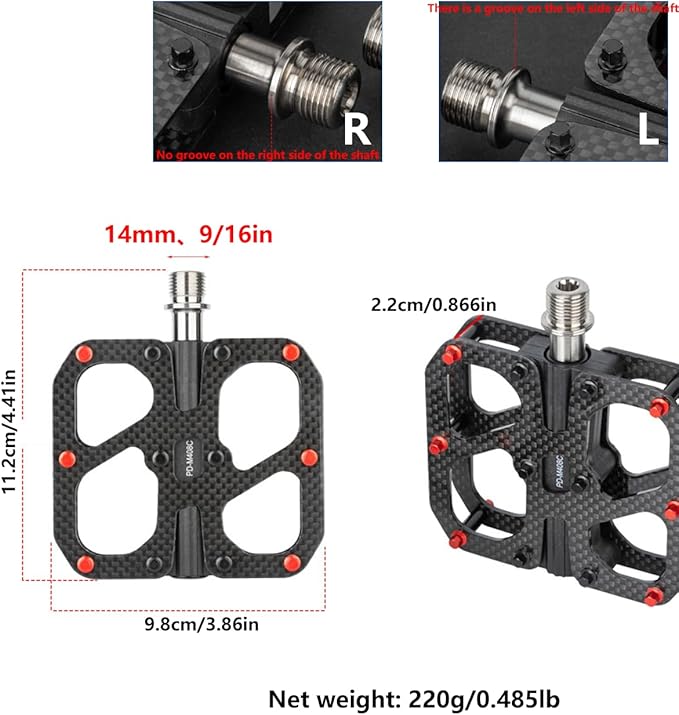Ultra-Lightweight Full Carbon Fiber Bicycle Pedals with Removable Anti-Slip Steel Studs, Titanium Alloy Axle, 3 Sealed Bearings - Ideal for MTB & Road Bike Cycling & Racing