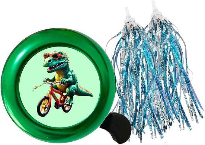 Kids Bike Bell with Streamers, Purple and Green, Unicorn and Dinosaur Theme, Bicycle Accessories