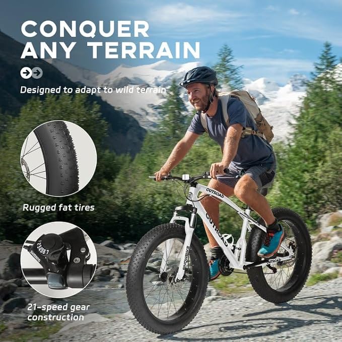 Outroad Fat Tire Mountain Bike with 26 inch Wheels, 21 Speed with High Carbon Steel Frame, Double Disc Brake and Front Suspension Anti-Slip Bikes