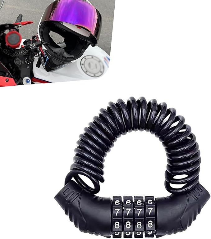 Motorcycle Helmet Lock, Four-Digit Code Portable Anti-Theft Combination Lock, Retractable to 59" Chain for Cabinet Luggage Stroller Bicycle, Heavy Duty Caribeaner Design (Black)