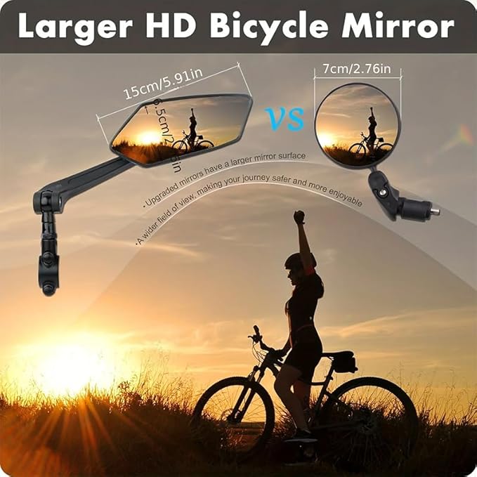 Bike Mirror for Ebike, Large HD Glass Rearview Mirror, 360° Adjustable & Foldable Handlebar Mirror for Night Riding, Scratch Resistant, Stable at High Speed, Easy Install