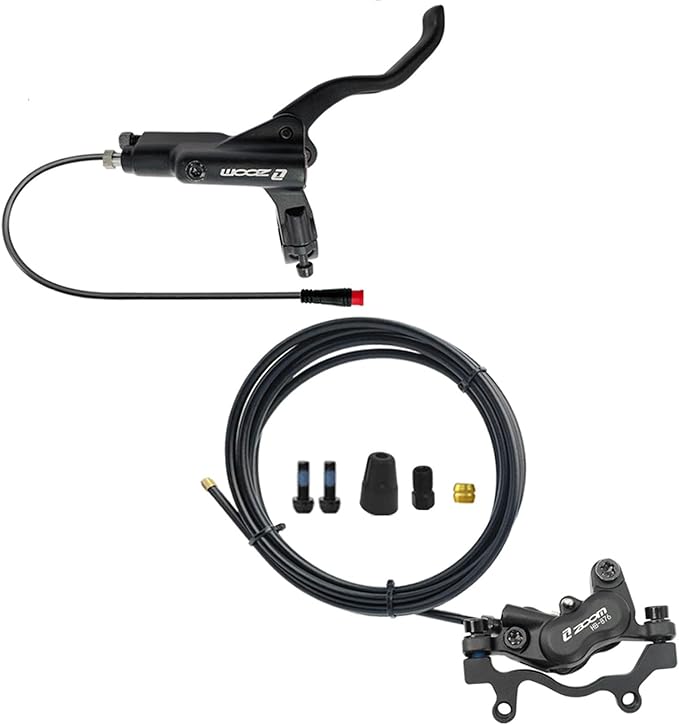 BUCKLOS Zoom HB876E 2-PIN 4 Pistons E-Bike Electric Power Off Hydraulic Disc Brake Set,Left Front 1100mm Right Rear 1850mm Aluminum Alloy Lever with Caliper is/PM Adapter for ebike/MTB Mountain Bike…