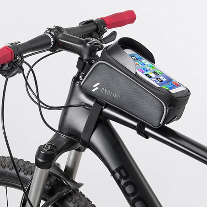 Bike Frame Bag, Bike Phone Mount, Waterproof Bicycle Handlebar Bag Cycling Front Top Tube Pouch Pannier Bike Phone Holder Stand for iPhone 16 15 14 13 12 11 Pro Max XS Samsung Smartphones Below 6.5''