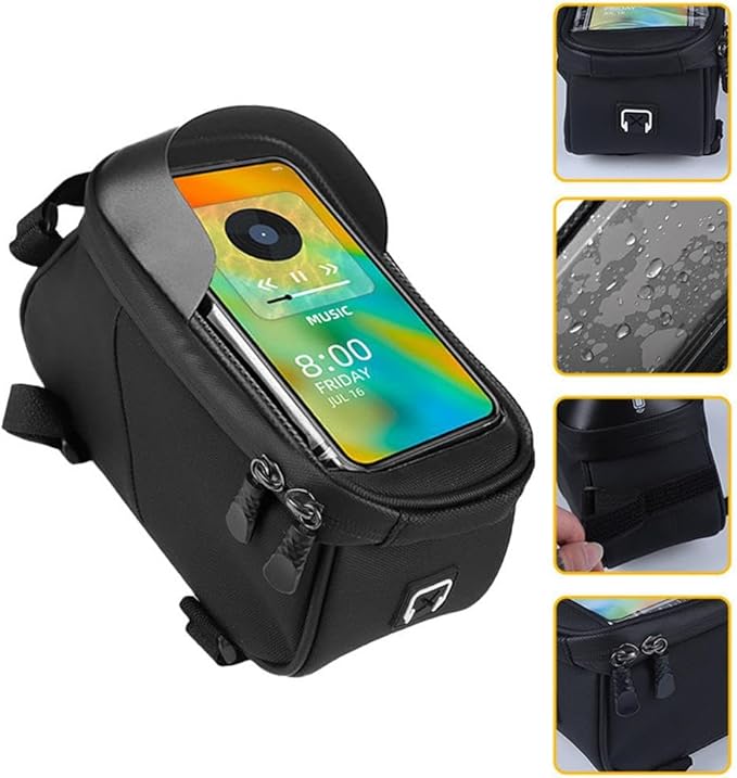 Bike Frame Bag Waterproof - Top Tube Frame Pouch, Cycling Pouch with Rain Cover, Fits Up to 6.5" Touchscreen Window, Storage Straps (pink)
