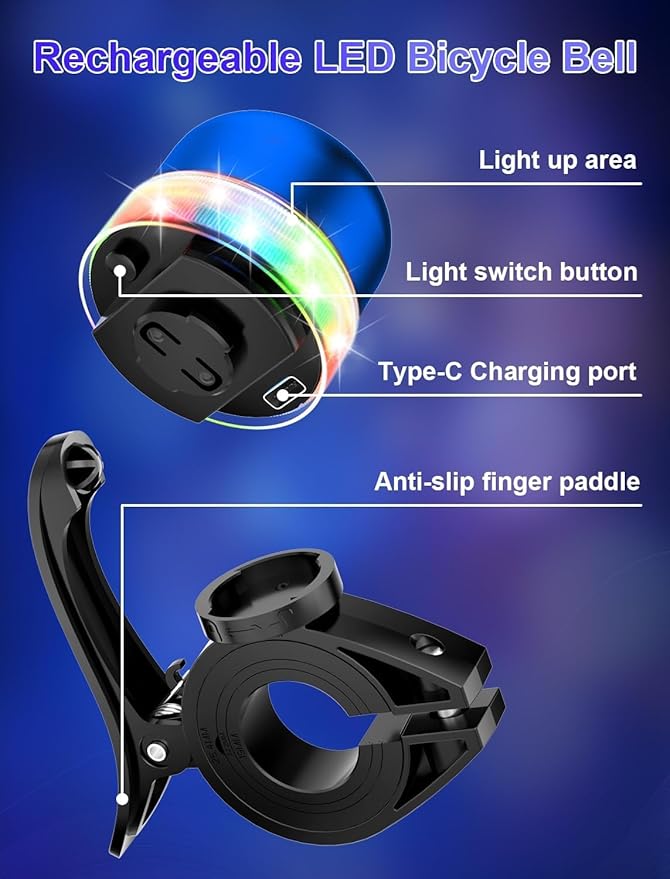 Bike Bell for Kids & Adults, Light up Bike Accessories Adjustable with Ferrules Fit for 0.74-1.25in(19-31.8mm) Bicycle Handlebars, Aluminum Made & Crisp Sound for Mountain Dirt Road Bike Ebike