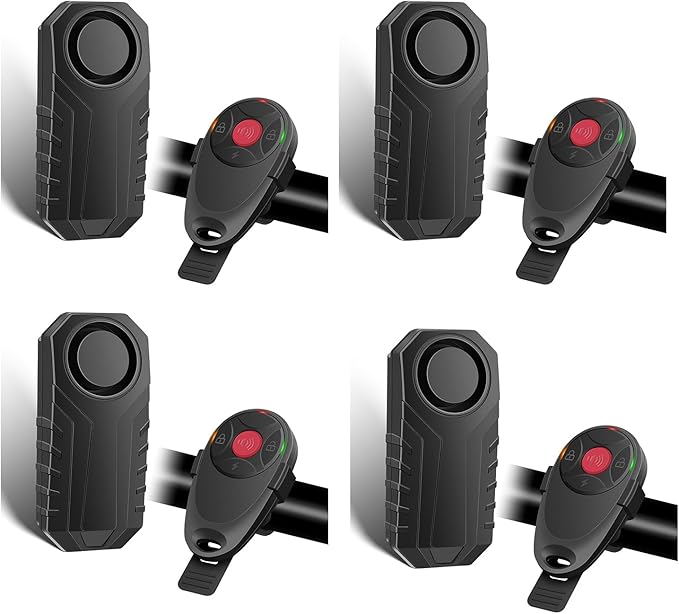 4Pcs Anti Theft Bike Alarm with Remote,Bike Alarm,Motorcycle Alarm,Motorbike Alarm,Ebike Accessories for Adult Bikes IP65 Waterproof 113dB Super Loud Fit for All Handlebar Sizes Remote Strap