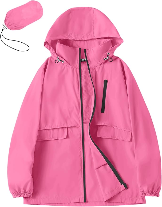 Avoogue Rain Jacket Women with Hooded Lightweight Waterproof Raincoats Packable Zipper Pockets Windbreakers