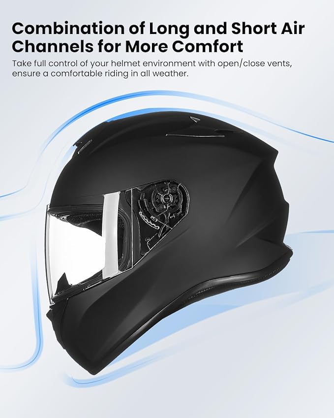 ILM Full Face Motorcycle Street Bike Helmet with Enlarged Air Vents, Free Replacement Visor for Men Women DOT Approved Model ST-06 (Matte Black, Large)