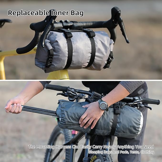 Rhinowalk Bike Handlebar Bag Waterproof 12L, Roll-Top Dry Bag with Removable Harness, Shoulder Strap, for Bikepacking, Camping, Commuting(Type 9400)