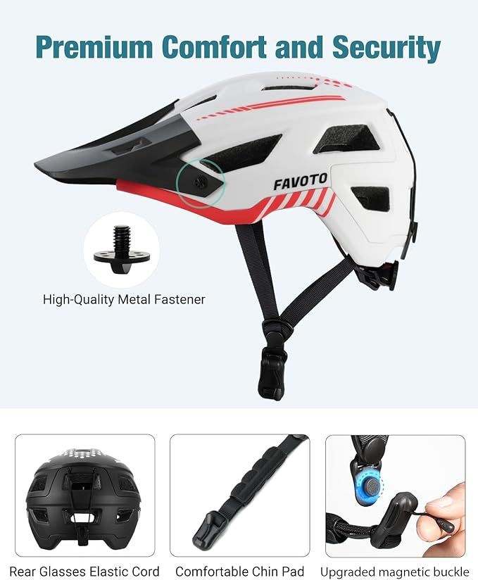 Favoto Adult Mountain Bike Helmet for Men & Women, Magnetic Buckle MTB Helmet with Removable Visor, Lightweight for Commuting & Off-Road Cycling