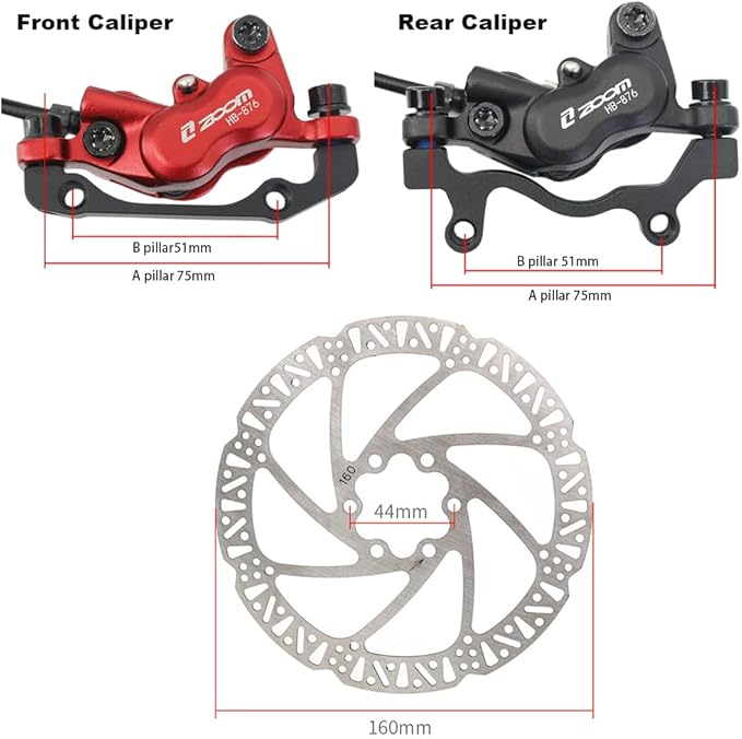 JFOYH zoom HB876 4-Piston Pre-Bled Hydraulic Disc Brake Set for Mountain Bike, Bike Disc Brake Kit with 160mm Rotors, Front and Rear Levers(PM Adapter Included) - Left-Front&Right-Rear