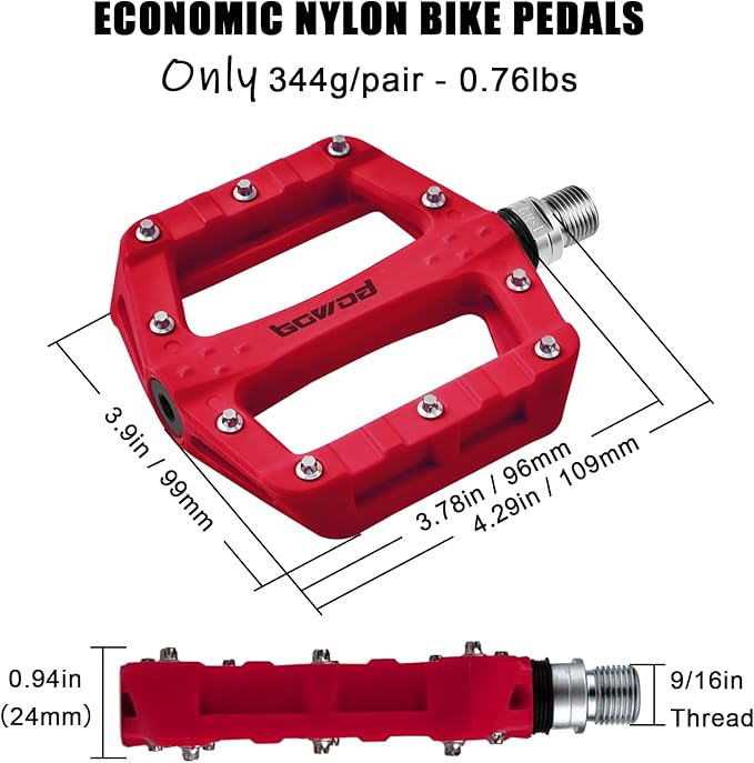 Flat MTB Bicycle Pedals Mountain Bike Colored Pedals, Glass-Fiber Nylon Composite Platform Pedal w 9/16" Sealed Cr-Mo Spindle, BMX Gravel Road Bike Pedals Clipless for Adult Women Youth Bikes