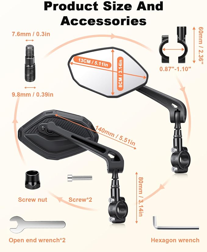 Bike Mirror Large HD Field of Vision, Rear View Mirror, Adjustable Safety Handlebar Bicycle Mirrors Accessories for Ebike Mountain Road Bike Scooter, Fits 22-28mm Handlebars