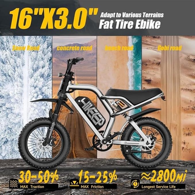 Electric Dirt Bike for Adults - Peak 1500W/3000W Electric Bikes, 48V/52V 15.6Ah/25Ah/40Ah, 50-100 Mile Range(PAS Mode), 16/20 Inch All-Terrain Fat Tire Motorcycle