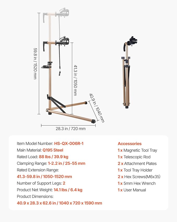 VEVOR Bike Repair Stand, 88 lb Heavy-duty Bicycle Work Stand with 41.3-59.8 in Adjustable Height & Magnetic Tool Tray, Foldable Bicycle Maintenance Rack, Shop Home Mechanics for Mountain & Road Bike