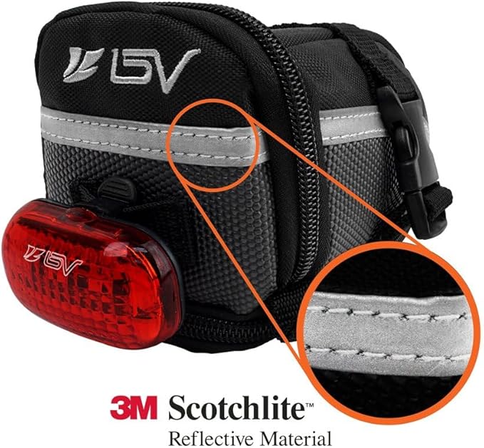 BV Strap-On Bike Bag with Reflective Material - Saddle Bag with Seperate Divider for Small Items for All Your Essentials - Bike Pouch with Taillight Hanger for Maximum Safety