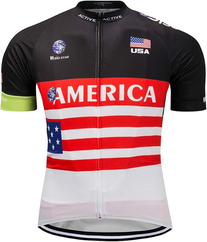 Cycling Jersey Short Sleeve USA Style Bike Tops with Pocket Reflective Stripe