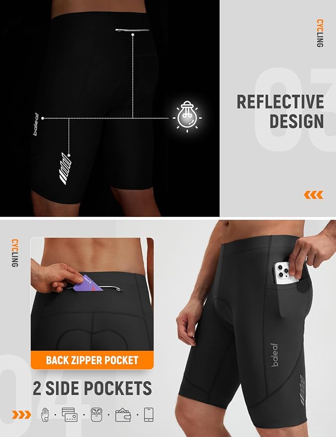 baleaf Men's 4D Padded Bike Shorts Cycling Zipper Pockets Biking Bicycle Mountain Riding Biker Cycle UPF 50+