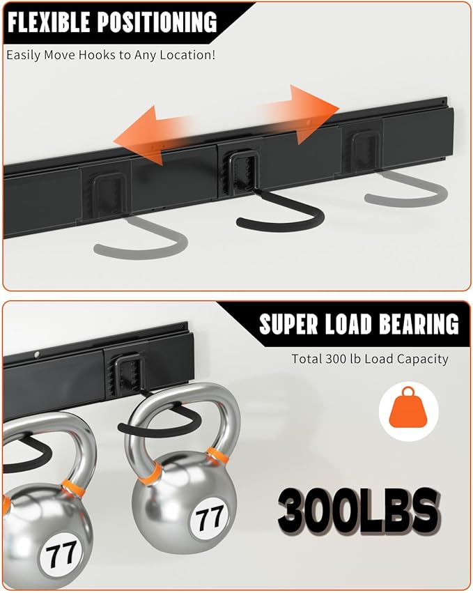 Bike Rack Wall Mount, Bike Hooks for Garage Storage,Vertical Bike Hanger for Indoor Use, Holds Up to 300 lbs, Adjustable Hook System with 4 Hooks and 3 Rails,48 Inches, Black