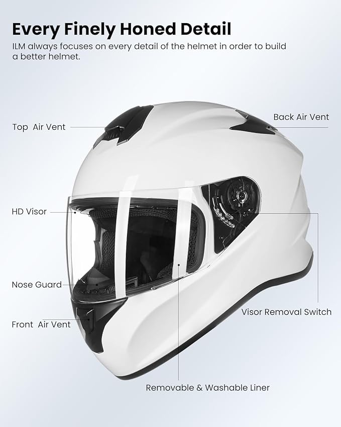 ILM Full Face Motorcycle Street Bike Helmet with Enlarged Air Vents, Free Replacement Visor for Men Women DOT Approved Model ST-06 (White, Medium)