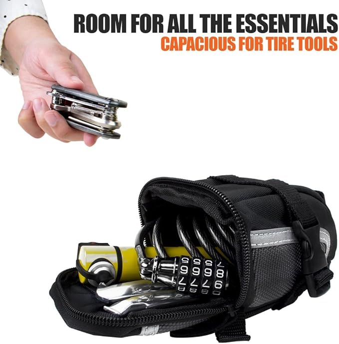 BV Strap-On Bike Bag with Reflective Material - Saddle Bag with Seperate Divider for Small Items for All Your Essentials - Bike Pouch with Taillight Hanger for Maximum Safety
