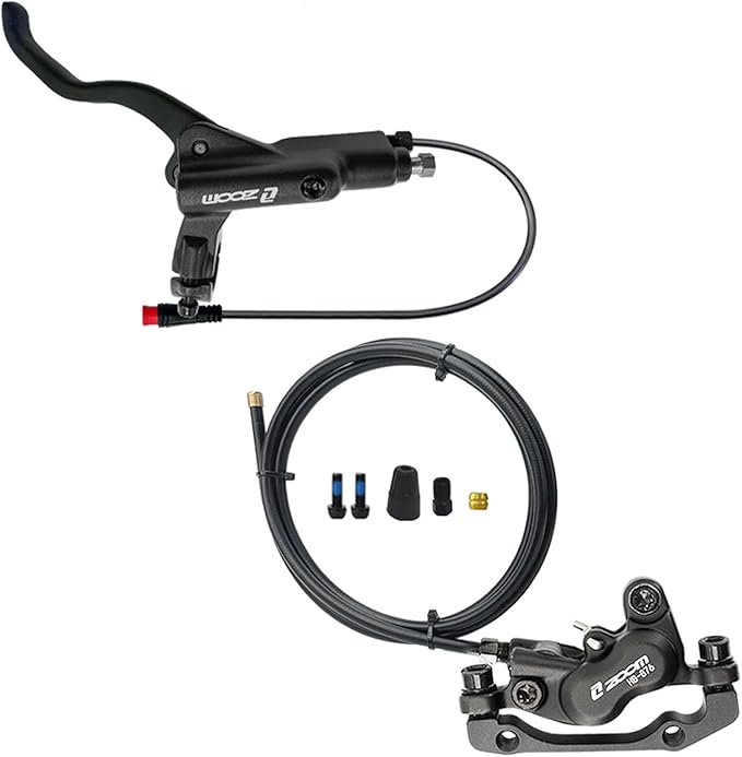 BUCKLOS Zoom HB876E 2-PIN 4 Pistons E-Bike Electric Power Off Hydraulic Disc Brake Set,Left Front 1100mm Right Rear 1850mm Aluminum Alloy Lever with Caliper is/PM Adapter for ebike/MTB Mountain Bike…