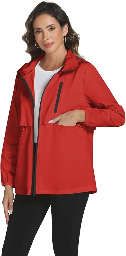 Avoogue Rain Jacket Women with Hooded Lightweight Waterproof Raincoats Packable Zipper Pockets Windbreakers