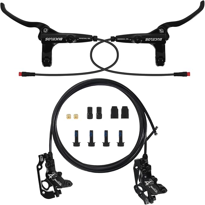 BUCKLOS EBike 2-PIN 4 Pistons Electric Power Off MTB Hydraulic Disc Brake Set,E-Bike Left Front 1150mm Right Rear 1950mm Aluminum Alloy Caliper Lever for ebike/Scooter/Mountain Bike HD-E735(Pre-Bled)