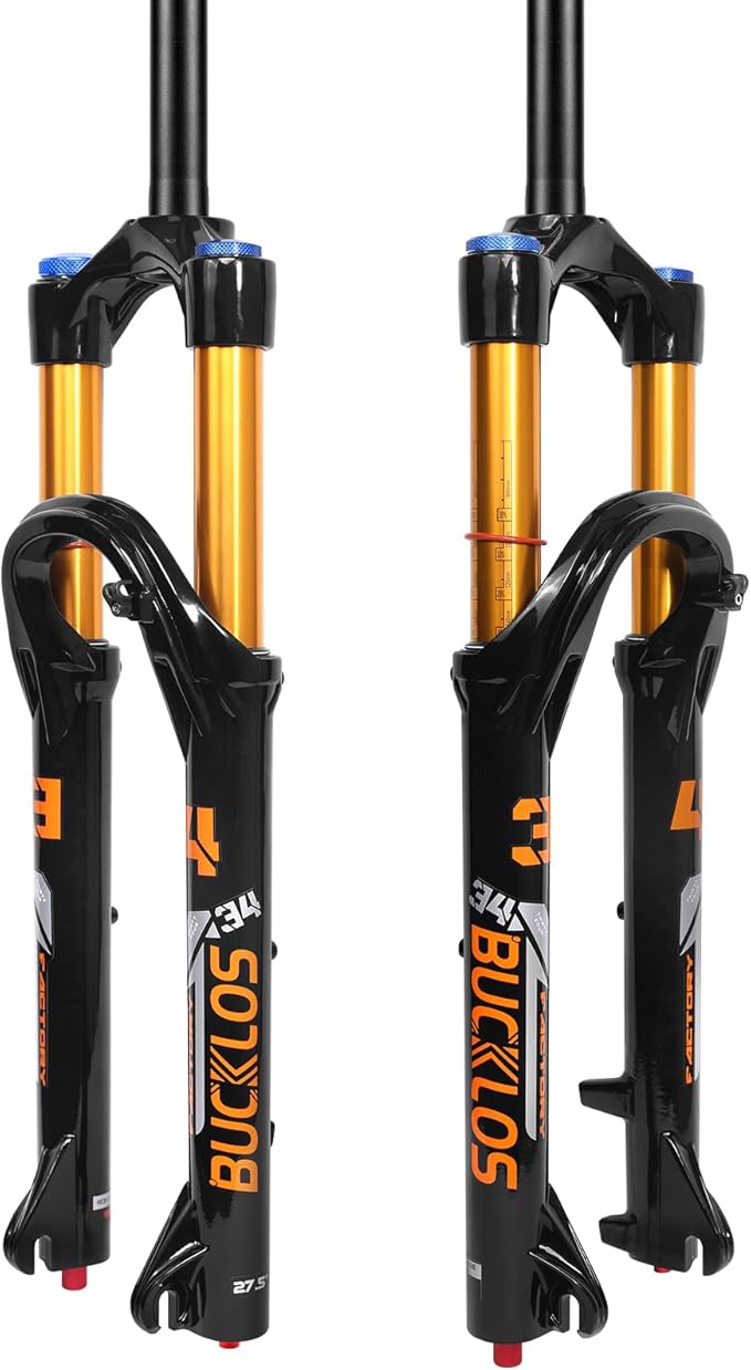 BUCKLOS 26/27.5/29 inch Travel 140mm MTB Air Suspension Fork, Rebound Adjustment 34mm Stanchions 1-1/8" Threadless Straight/Tapered 9*100mm QR Manual/Remote Lockout XC AM Mountain Bicycle Front Forks
