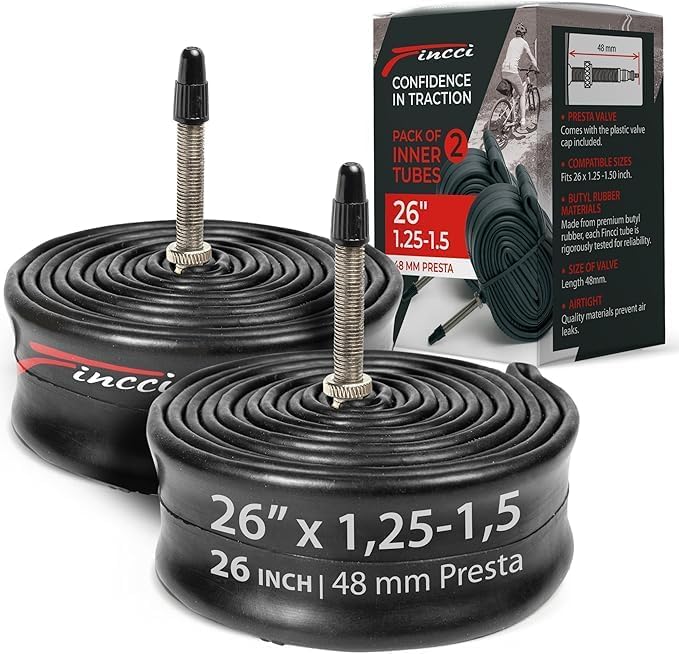 Fincci Bike Tire Tubes 26x 1.25 x 1.35 x 1.4 x 1.5 with Presta-Schrader Valve – Pair Durable 26 Inch Bike Tube - Reliable Air Retention 2X Tubes for Mountain, MTB, Road, XC, Cruiser Bikes