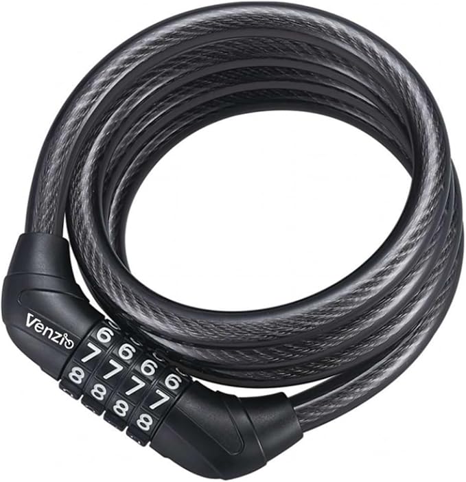 Venzio 2.62FT Bike Lock Cable, Heavy Duty 4-Digit Combination Lock, 10mm (3/8 inch) Self-Coiling Anti-Theft Security Cable for Bicycle, Scooter, Stroller, Fence, Gate, Grill, Outdoor Use