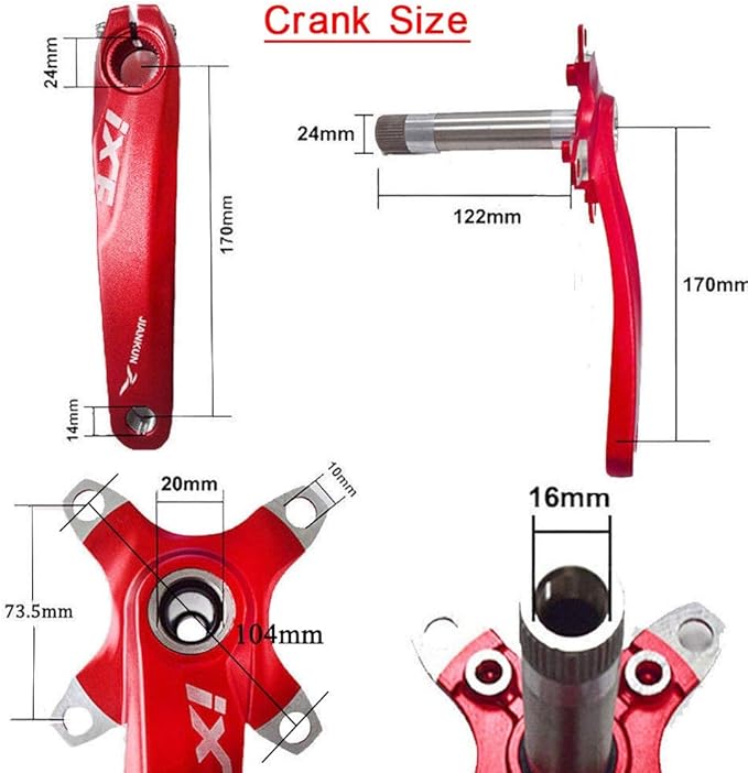 BUCKLOS IXF 104 BCD 30-52T Mountain Bike Crankset -Hollow Integrated MTB 170mm Crank Set- Aluminum Alloy Bike Crankset with Narrow Wide Tooth Chainring Bottom Bracket Bolts (Black/Red)