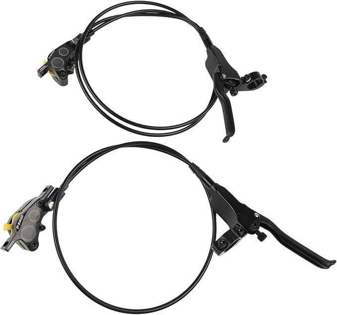Bicycle Hydraulic Disc Brake Set with Four-Piston Calipers and Aluminum Alloy Construction for Mountain Bike Off-Road and Urban Riding Front/Rear Hose Included(Black)