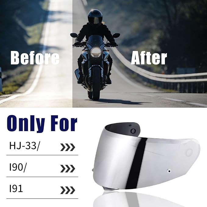 VCOROS I90 Helmet Shield Replacement, I90 Helmet Visor Shield Compatible with HJ-33 I91 Motorcycle Helmet Accessories (Chrome Silver)