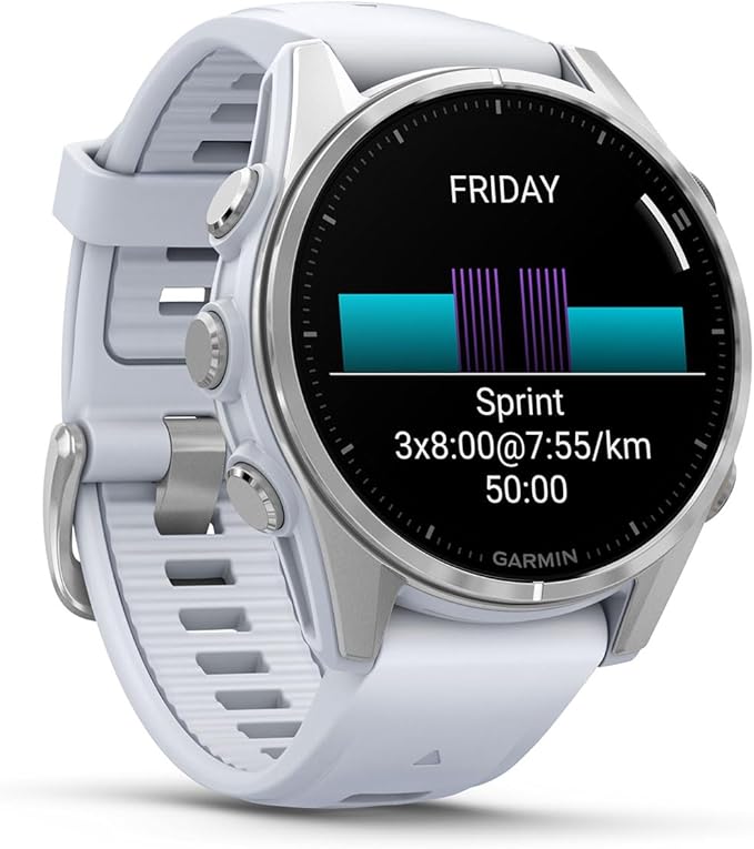 PlayBetter Garmin Fenix 8 AMOLED (43mm, Silver/Whitestone) Multisport GPS Smartwatch Bundle - 1.3” Touchscreen, Built-in LED Flashlight Wireless Running Earbuds