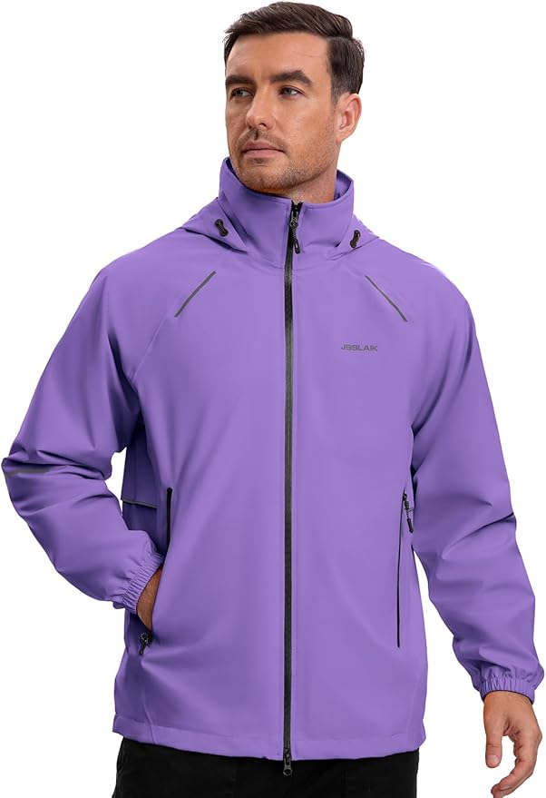 Men's Rain Jacket Waterproof Windproof Breathable for Hiking Cycling Commuting with Hood & Pockets