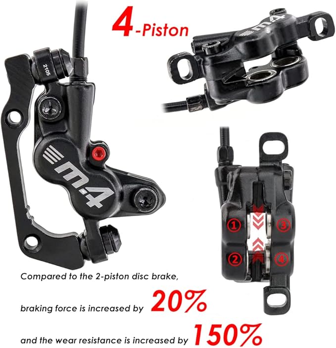 JFOYH 4-Piston MTB Hydraulic Brake Set with 160mm Floating Disc Rotors, Front and Rear Hydraulic Disc Brake Kit for MTB(Pre-Bled, Included Original Pads)