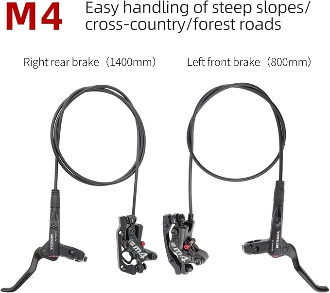 MEROCA M4 4-Piston Mountain Bike Hydraulic Disc Brakes Hydraulic Bike Brakes Front 800mm and Rear 1400mm with PM Adapter for 160mm Rotor