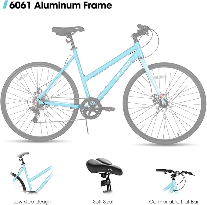 HILAND 700C Road Hybrid Bike, 7 speeds Bikes Urban City Commuter Bicycle with Disc Brake for Men Women Adult Comfortable Bicycle
