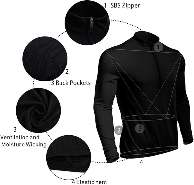 Spotti Men's Cycling Bike Jersey Long Sleeve with 3 Rear Pockets - Moisture Wicking, Breathable, Quick Dry Biking Shirt