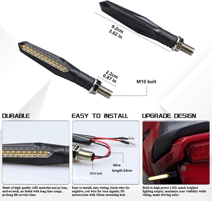 4Pcs Smoked Sequential LED Turn Signal Lights Motorcycle Universal Flowing Amber Blinkers Compatible with Harley Touring ADV Enduro Suzuki DRZ 400S Yamaha MT