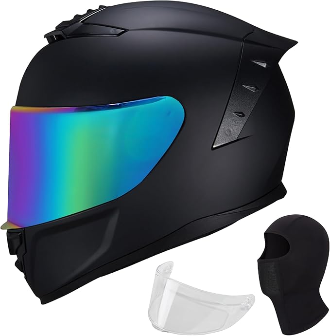 Full Face Motorcycle Helmet,Helmets for Adults Motorcycle, MG611 Motorbike Racing Street Bike Helmets with Black Visor for Men Women,DOT Approved (Matte Black-Colorful+ Mask, L)
