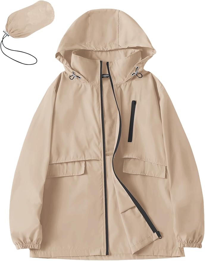 Avoogue Rain Jacket Women with Hooded Lightweight Waterproof Raincoats Packable Zipper Pockets Windbreakers