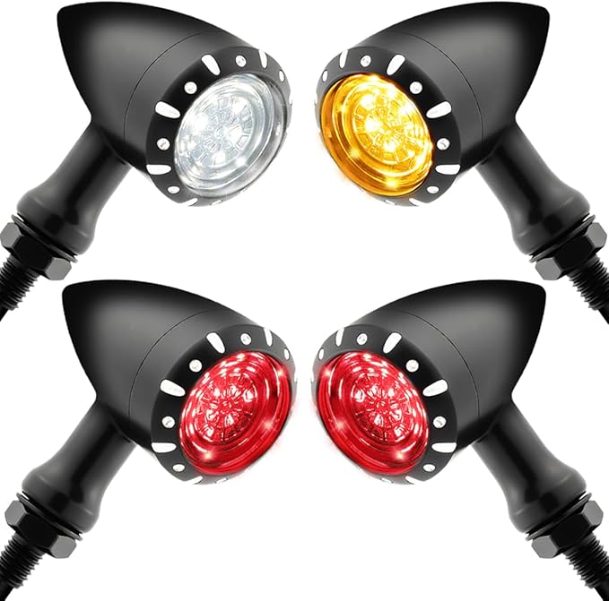 Motorcycle Bullet LED Turn Signal Kit – Front White/Amber & Rear Red/Brake/Amber Lights, Zinc Alloy Housing, M10 Universal Fit for Cruiser Bobber Chopper Custom Bikes (Black-Front+Rear)