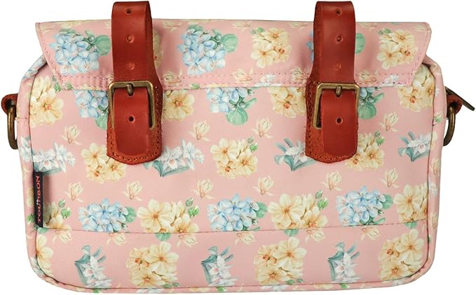 TOURBON Bike Bag Waxed Canvas Bicycle Handlebar Bag Zipper Closure Pouch Crossbar Front Frame Basket Cycling Saddebag Under Seat Strap-on Rear Rack Pannier (Pink with Flower)