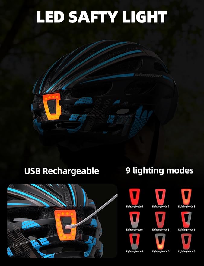 Shinmax Bike Helmet with USB Rechargeable Light & Detachable Magnetic Goggles UV Protective, Bicycle Helmet Men Women Mountain Road Adjustable Adult Cycling Helmet (WT-049)