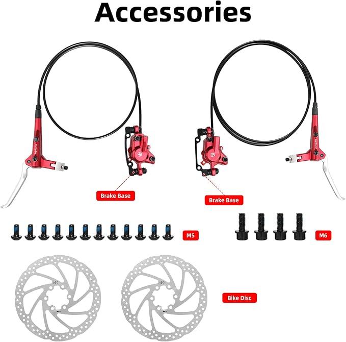 2-Pistons MTB Disc Brake Set Hydraulic Disc Brake Kit Left Rear Right Front with 160mm Rotors Aluminum Alloy Hydraulic Brake Fit for Mountain Bike E-Bike Fat Bike (Red)