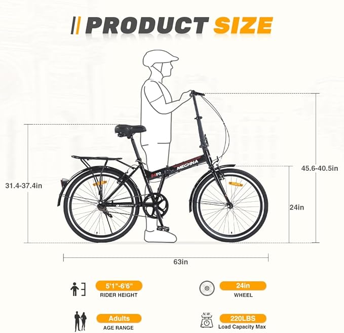 24 Inch Folding Bike for Adults, Steel Frame Single Speed City Commuter Bicycle, Dual V-Brake Portable Compact Bike with Fenders for Men Women