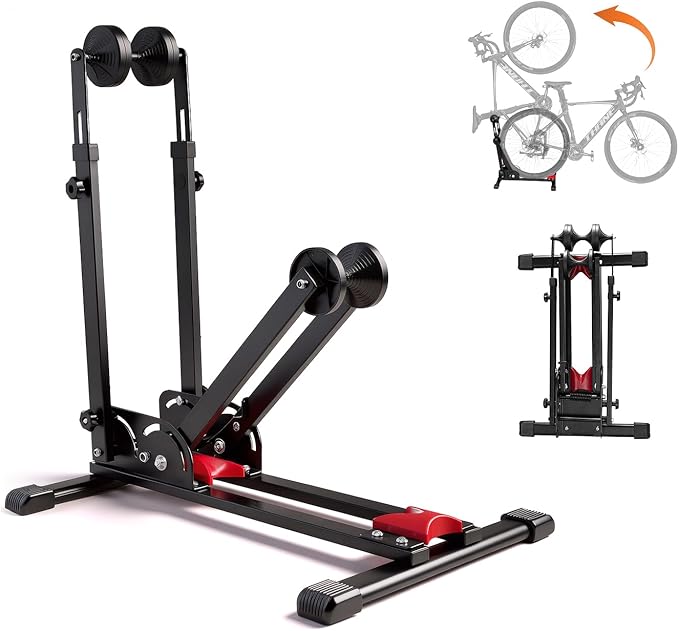 Teraysun 2-in-1 Vertical Bike Stand - Foldable Adjustable Bicycle Rack for Garage & Indoor, Space-Saving Upright Parking, Fits 20"-29" Mountain & Road Bikes, Scratch-Proof Tire Trays Included, Heavy-Duty Bicycle Floor Stand